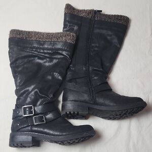 Torrid Boots 9 Wide Knee High Black Sweater Trim Faux Leather Zip Strappy Buckle